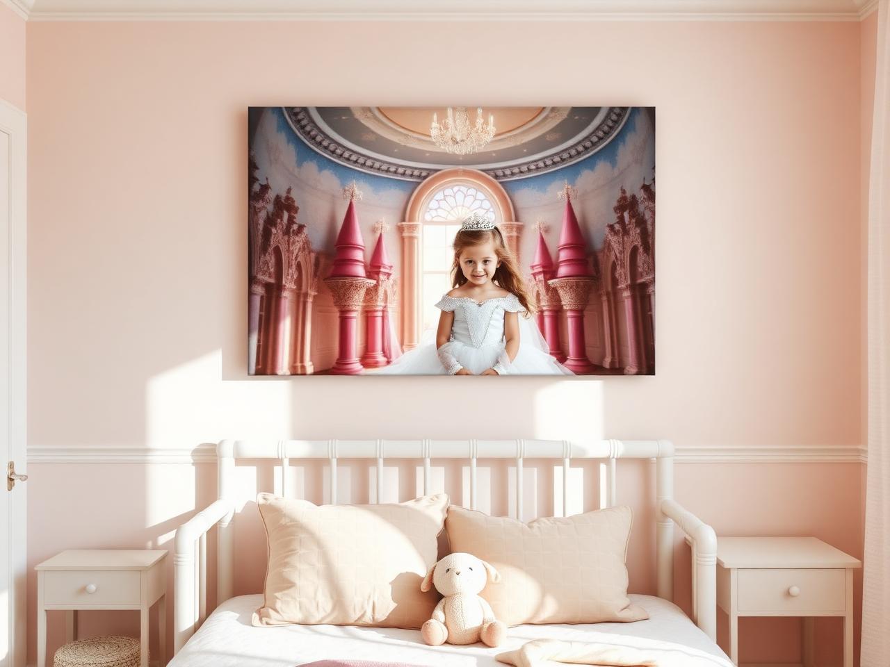 Princess canvas hanging above a child's bed